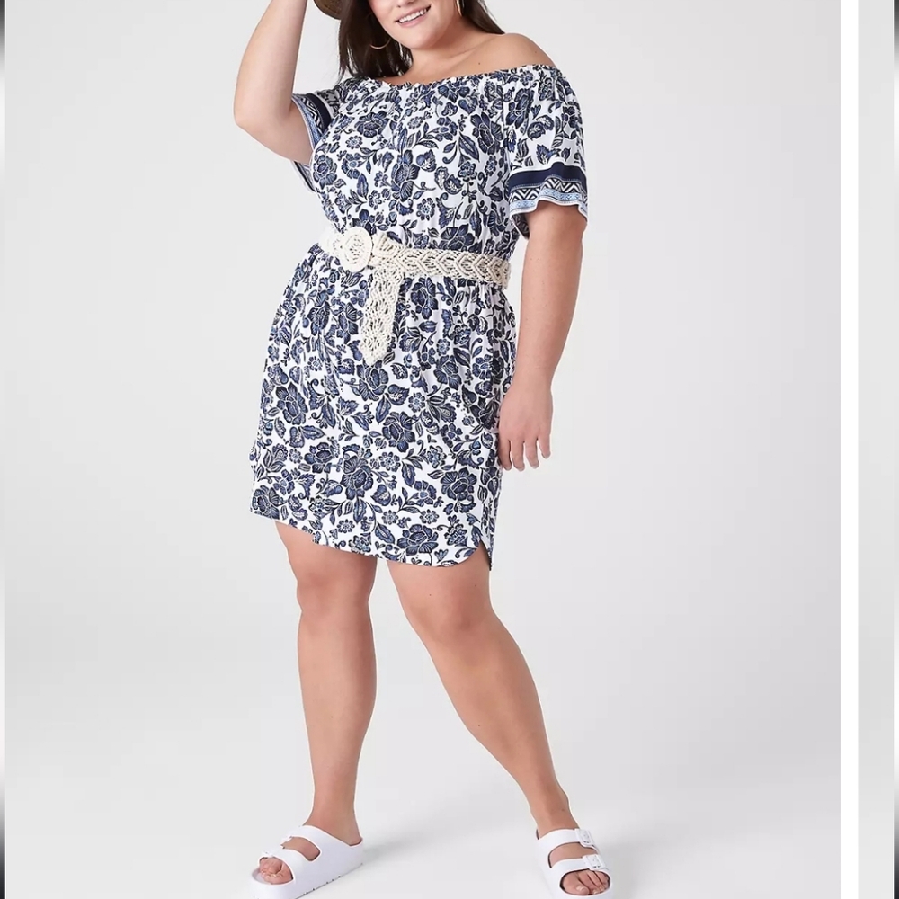 Plus Size 4x 26/28 Lane Bryant Off-the-Shoulder Navy Floral Summer Romper Beachy